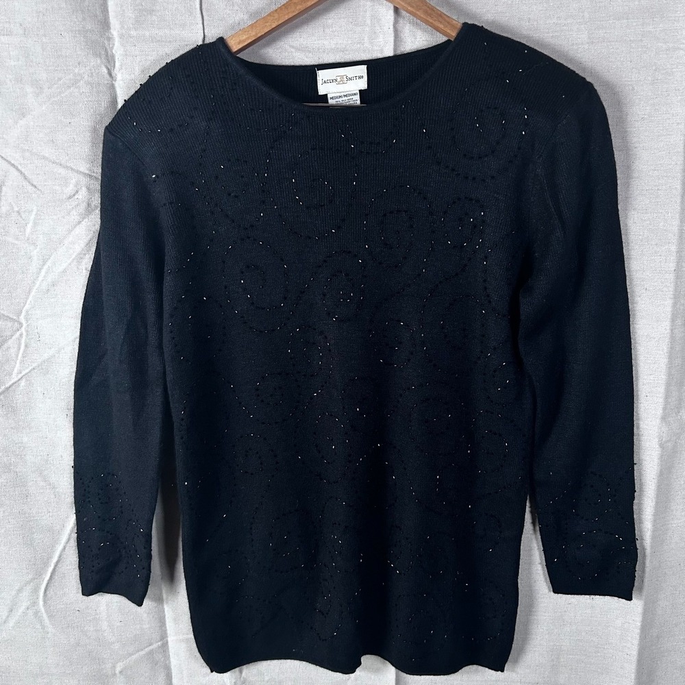 Jaclyn Smith‎ Black Silk Angora Blend Beaded Swirl Knit Sweater Women Medium